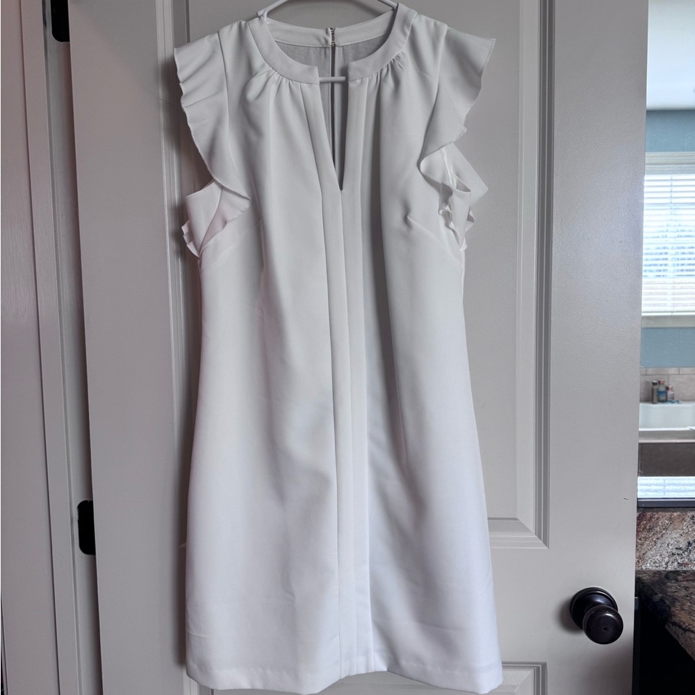 Vince Camuto White Ruffle Sleeve Mini Shift Dress